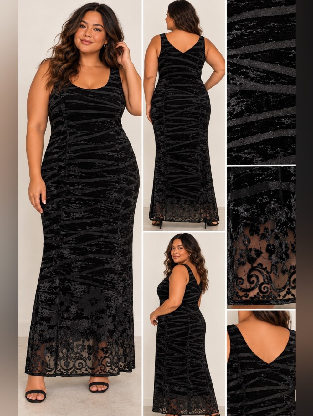 Vintage Linea Domani Black Velvet Burnout Maxi Dress